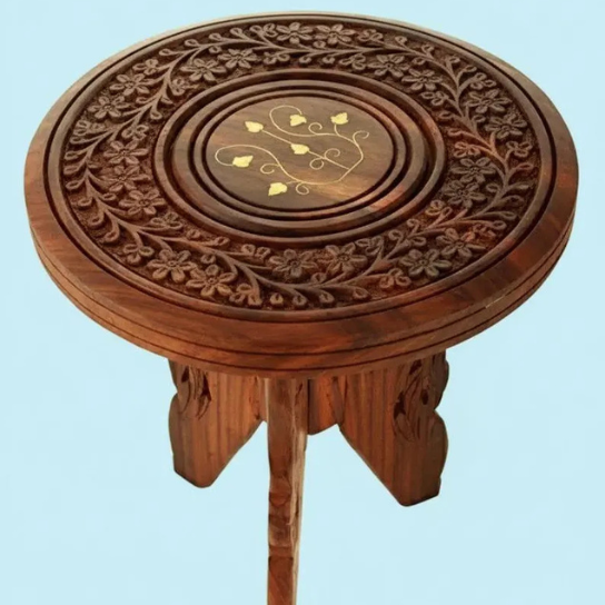 Handcrafted Wood Carved Side Tables | Boho Indian Decor, Set of 2