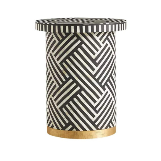 Handmade Bone Inlay Side Table | Geometric Brass Accent