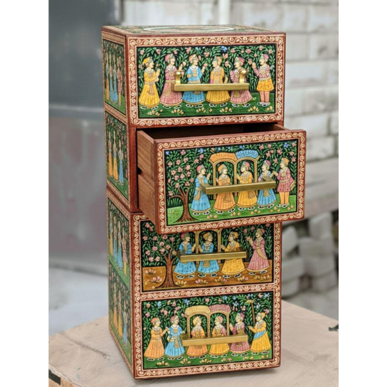 3 Hand Painted Wooden Chest | Indian Miniature Art, 4-Drawer Storage,Decorative Storage