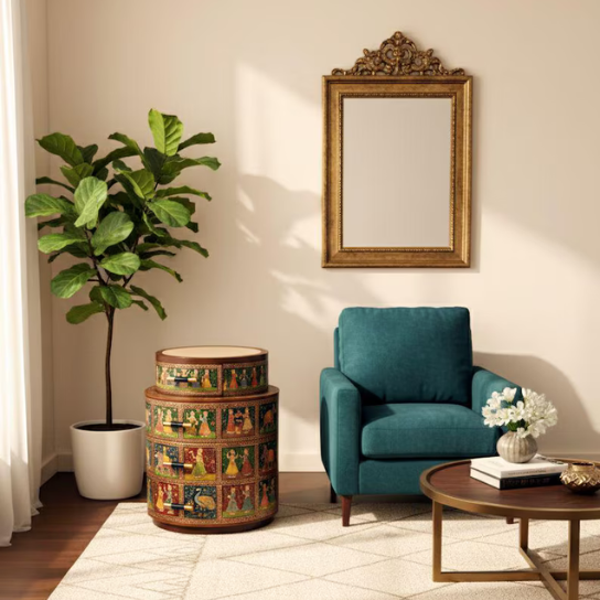 Hand-Painted Rajasthani Round Wooden Chest | Indian Art Furniture | Ethnic Storage Cabinet | Traditional Beside