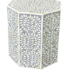 Hexagonal Bone Inlay Side Table: Handcrafted Leaf Pattern, Gray Accent