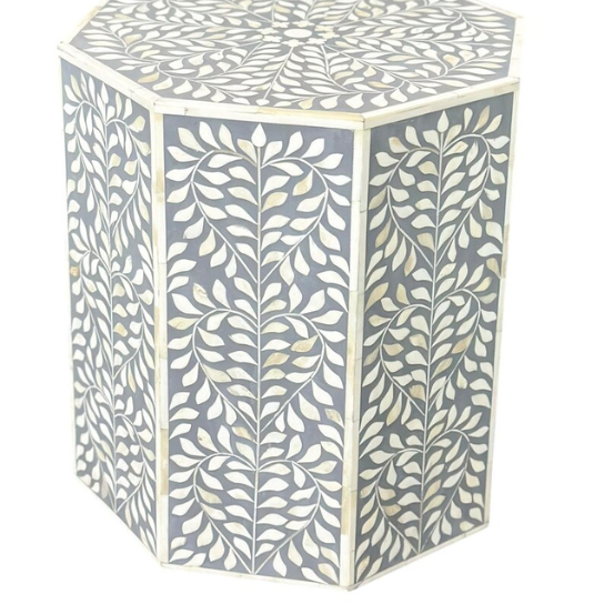 Hexagonal Bone Inlay Side Table: Handcrafted Leaf Pattern, Gray Accent
