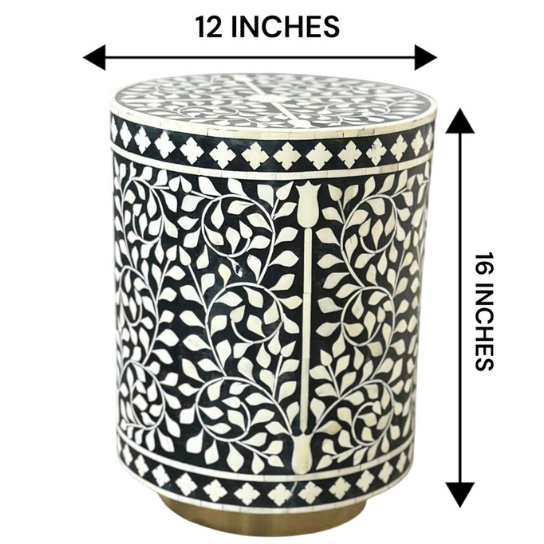 Bone Inlay Drum Side Table: Handmade Geometric Accent Table