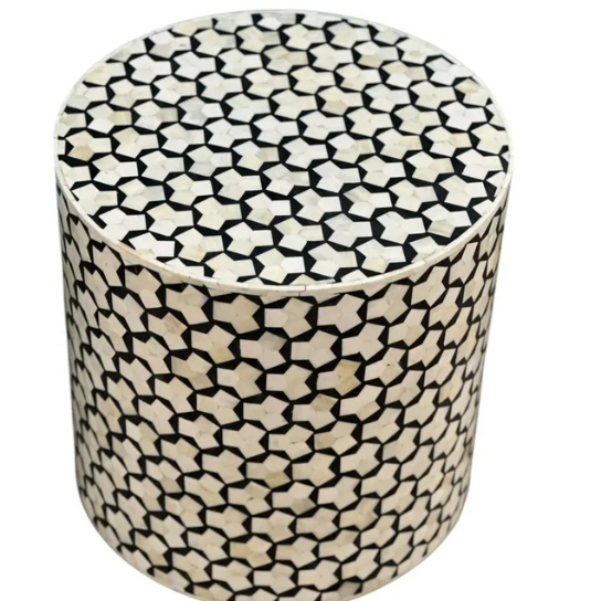 3 Bone Inlay Drum Side Table: Handmade Black & White Geometric Accent Table