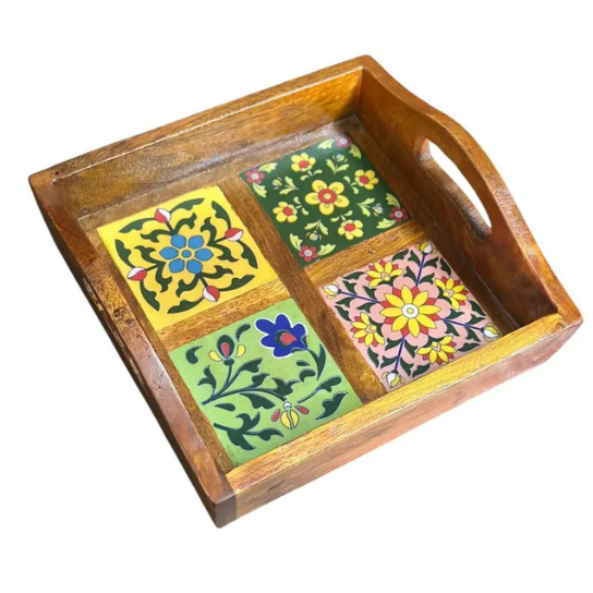 Handcrafted Mango Wood Serving Tray: Floral Ceramic Tiles, Indian Art