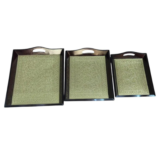 Handcrafted Wooden Tray Set with Engraved Brass Inlay: Royal Antique Decor