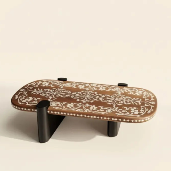 Handmade Bone Inlay Coffee Table | Unique Design Floral Brown Boho Decor