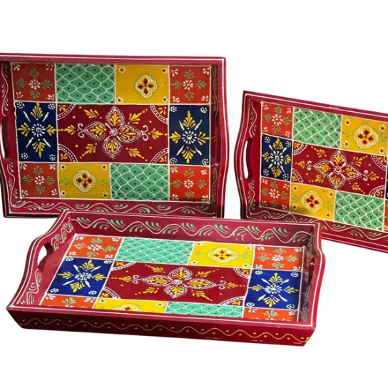 Hand-Painted Wooden Tray Set: Rajasthani Folk Art, Set of 3