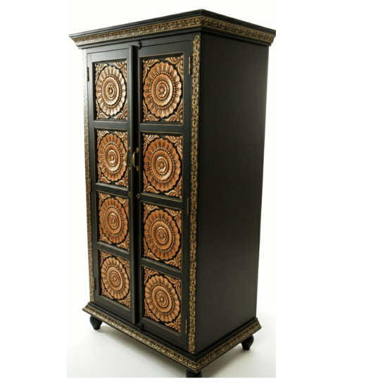 Hand Carved Wooden Cabinet – Black & Gold Armoire with Floral Design