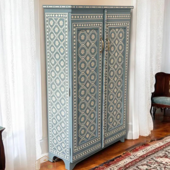 Handmade Bone Inlay Armoire: Boho Floral Accent Cabinet