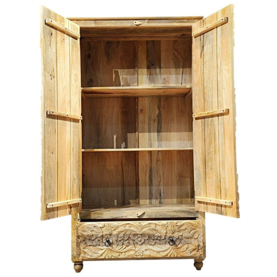Hand Carved Mango Wood Armoire: Bohemian Mandala Floral Wardrobe