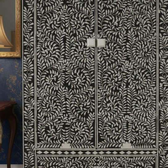 Bone Inlay Armoire – Handmade Indian Storage Cabinet, Luxury Bedroom Wardrobe, Intricate Floral Inlay Furniture