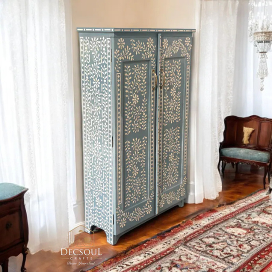 Handmade Bone Inlay Armoire: Boho Floral Accent Cabinet