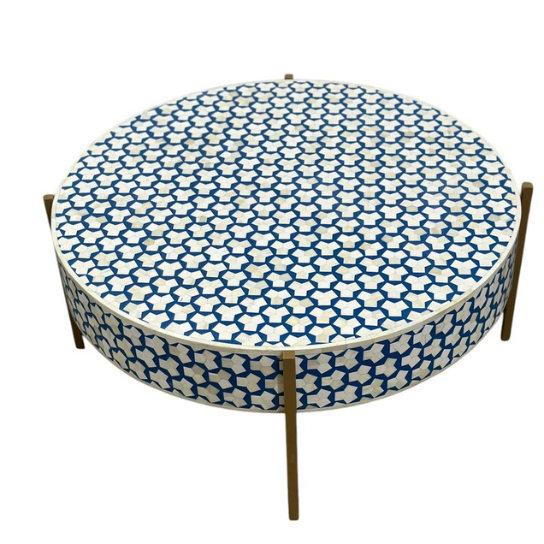 Blue Bone Inlay Coffee Table: Handmade Brass Accent Table-Home Decor