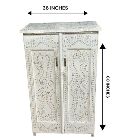 Mother of Pearl Inlay Wardrobe | White MOP Armoire | Floral Storage Cabinet | Luxury Bedroom Furniture