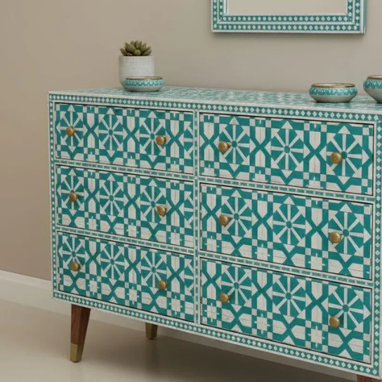 Green Geometric Bone Inlay Cabinet | Handmade Modern Sideboard | Luxury Accent Storage Furniture.