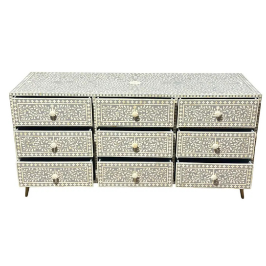 Handmade Gray Bone Inlay Dresser: Boho 9-Drawer Storage Cabinet