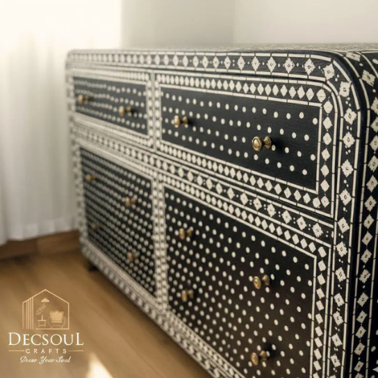 Handmade Bone Inlay Chest of Drawers: Black Floral 4 Drawer Dresser