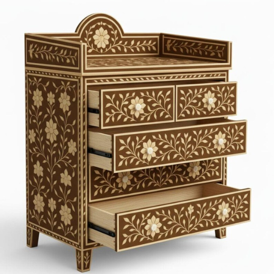 Floral Bone Inlay Dresser – Handmade Indian Boho 5-Drawer Chest