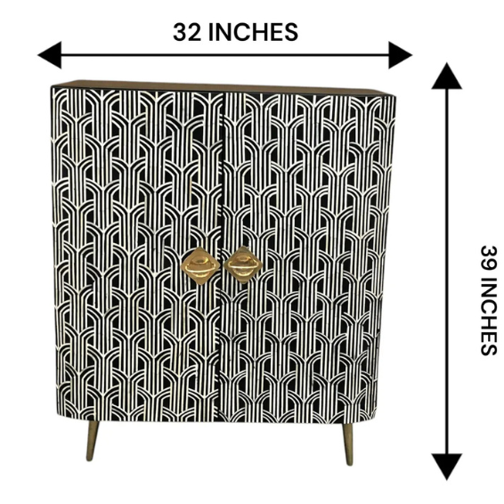 Handmade Bone Inlay Cabinet: Geometric Black and White Sideboard with Brass Handles