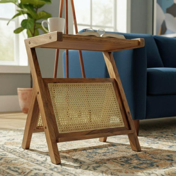 Handmade Cane Side Table with Glass Top | Boho Accent Table.