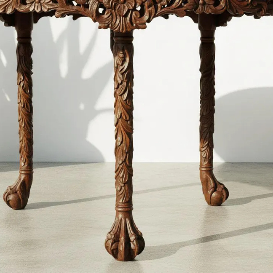 Handcrafted Round Shape Solid Wood Carved Dining Table — Floral Engraved Entryway Table