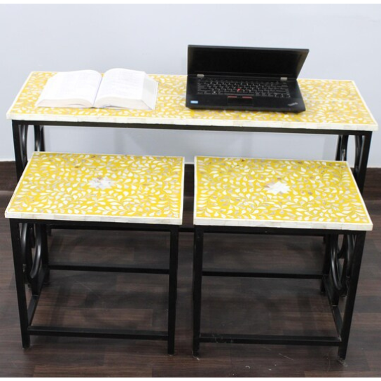 Handmade Bone Inlay Study Table with Stools: Yellow Floral Design