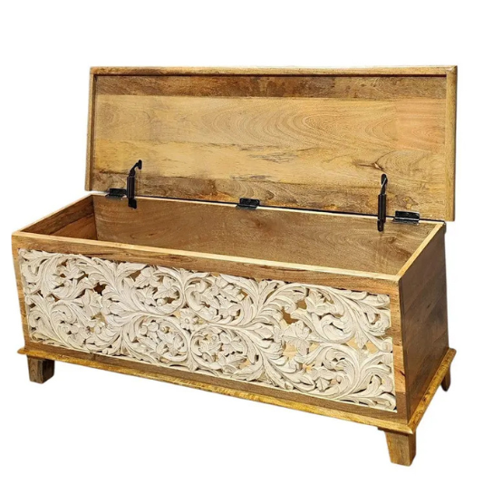 Hand-Carved Mango Wood Chest – Floral Indian Blanket Box | Boho Storage Trunk