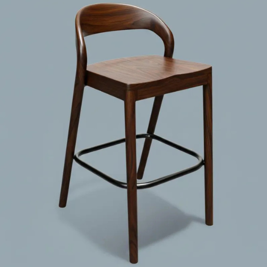 Handmade Modern Walnut Finish Wooden Bar Stool with Backrest Mid-Century Dining Stool