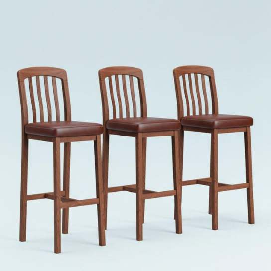 Handmade Mango Wood Bar Stool | Brown Leather Seat, Rustic Farmhouse