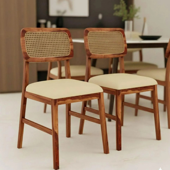 Mid-Century Modern Dining Chair | Cane Backrest, Upholstered Seat