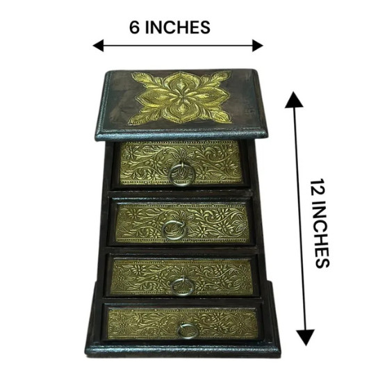 Handmade Brass Embossed Wooden Jewelry Gift Box | Indian Storage Organizer