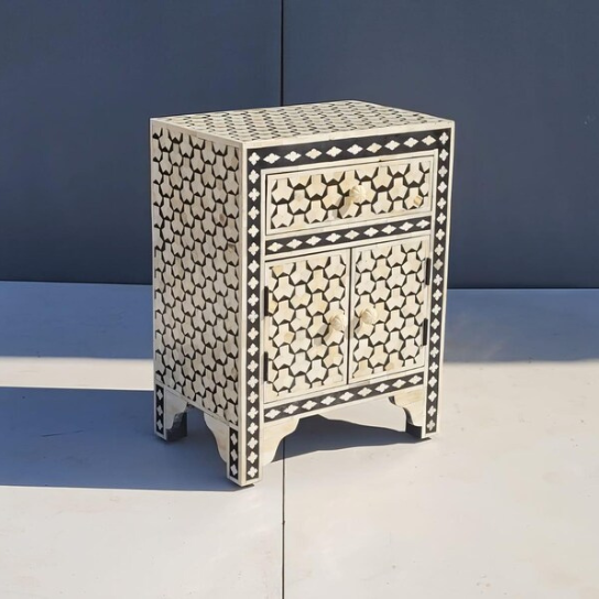 Handmade Bone Inlay Nightstand: Hexagon Geometric, Boho Side Table