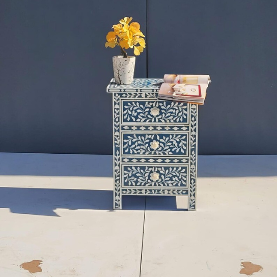 Navy Blue Bone Inlay Nightstand | Coastal Accent Chest | 3-Drawer Bedside Table | Bohemian Storage Cabinet