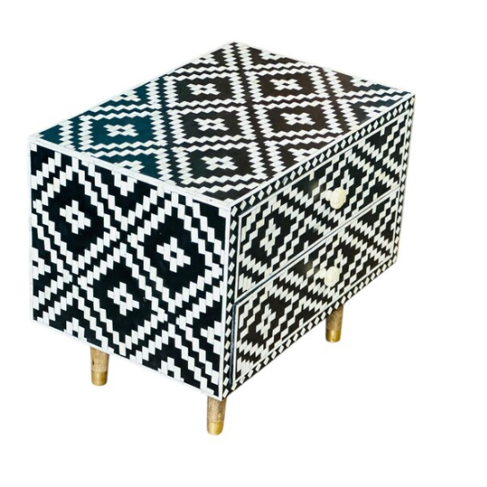 Handmade Bone Inlay Nightstand: Geometric Boho Bedside Table