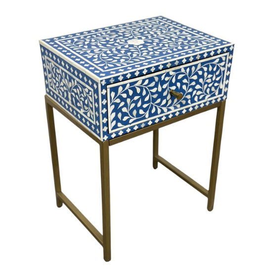 Handmade Bone Inlay Nightstand: Brass Leg Bedside Table
