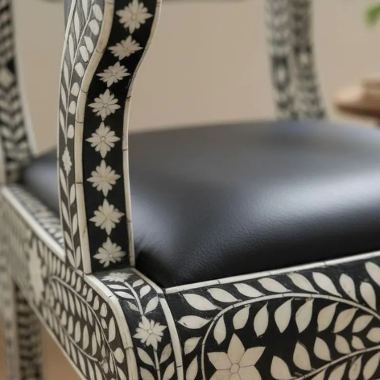 4 Handmade Bone Inlay Armchair: Black & White Floral Carved Accent Chair