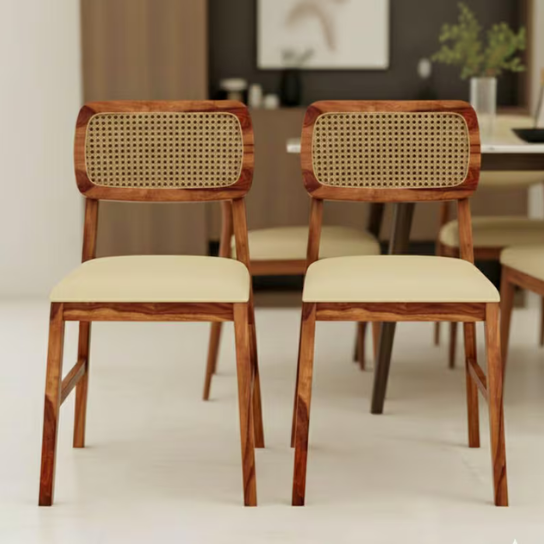 Mid-Century Modern Dining Chair | Cane Backrest, Upholstered Seat