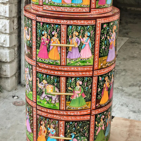 Hand-Painted Rajasthani Round Wooden Chest | Indian Art Furniture | Ethnic Storage Cabinet | Traditional Beside