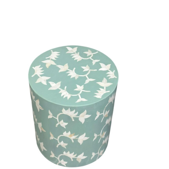 Turquoise Bone Inlay Side Table: Handmade Floral Accent, Boho Decor