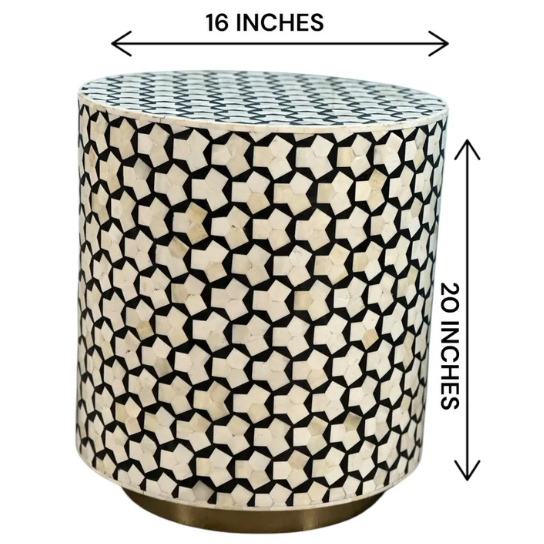 4 Bone Inlay Drum Side Table: Handmade Black & White Geometric Accent Table