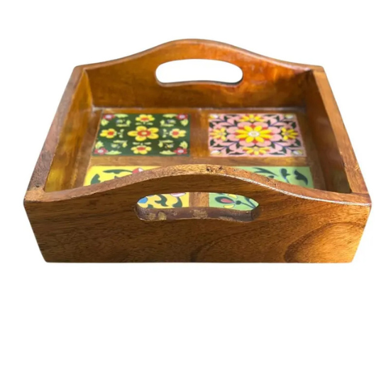 Handcrafted Mango Wood Serving Tray: Floral Ceramic Tiles, Indian Art
