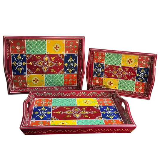Hand-Painted Wooden Tray Set: Rajasthani Folk Art, Set of 3