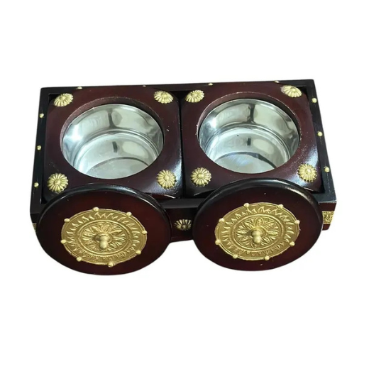 Brass Inlay Wooden Tray with Dual Serving Bowls – Antique Finish-Revolving-Dry Fruit-Handmade-Royal-Rajwada-Gift-Interior Decor