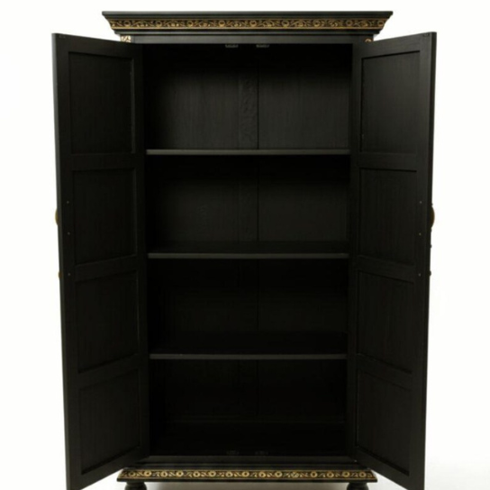Hand Carved Wooden Cabinet – Black & Gold Armoire with Floral Design