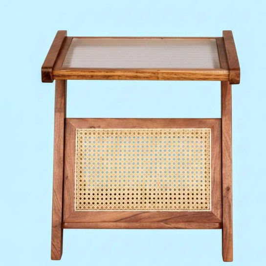 Handmade Cane Side Table with Glass Top | Boho Accent Table