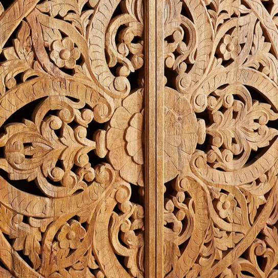 Hand-Carved Mango Wood Almirah: Floral Mandala Bohemian Cupboard