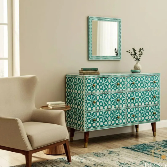 Green Geometric Bone Inlay Cabinet | Handmade Modern Sideboard | Luxury Accent Storage Furniture.