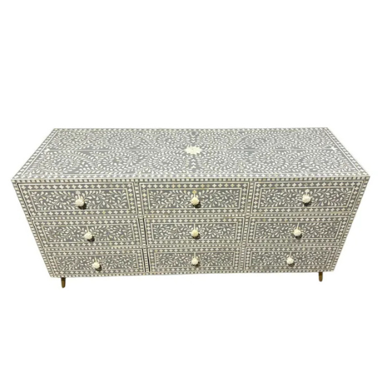 Handmade Gray Bone Inlay Dresser: Boho 9-Drawer Storage Cabinet