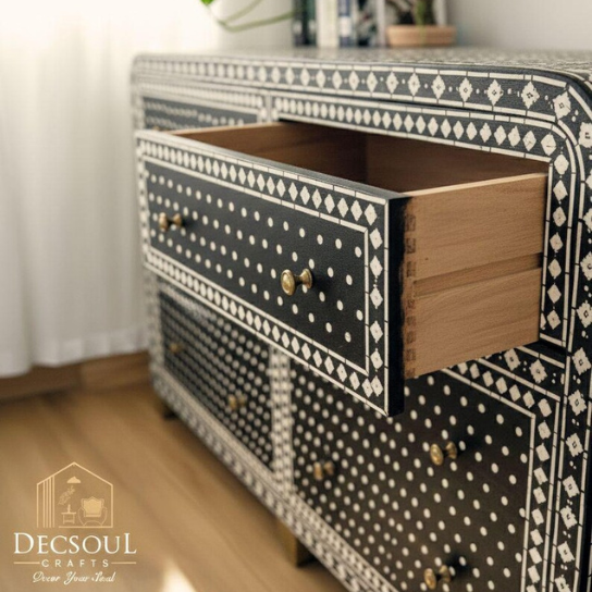 Handmade Bone Inlay Chest of Drawers: Black Floral 4 Drawer Dresser